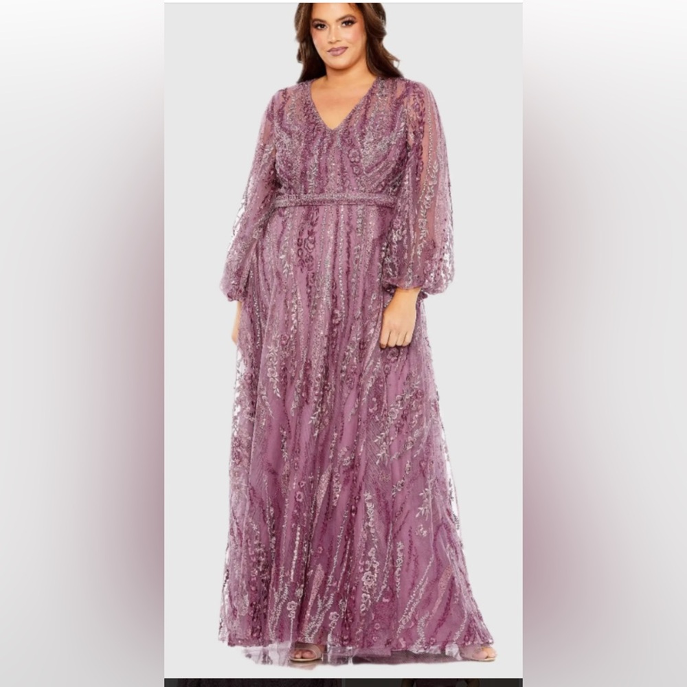 Mac Duggal Dusty Rose Beaded Lace Maxi Gown